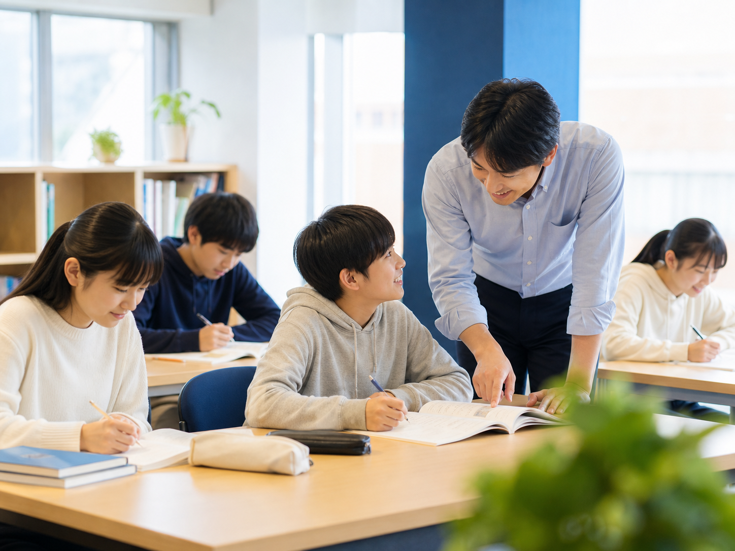 明るい教室で学ぶ生徒
