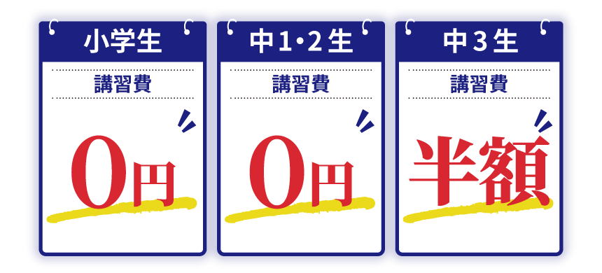 小学生の講習費0円 中1・2生の講習費0円 中3生の講習費半額